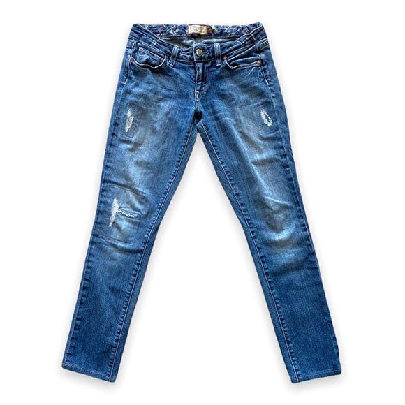 PAIGE Denim Skyline Drive Classic Rise Peg Leg Patchwork Med Wash Jeans - Picture 1 of 12